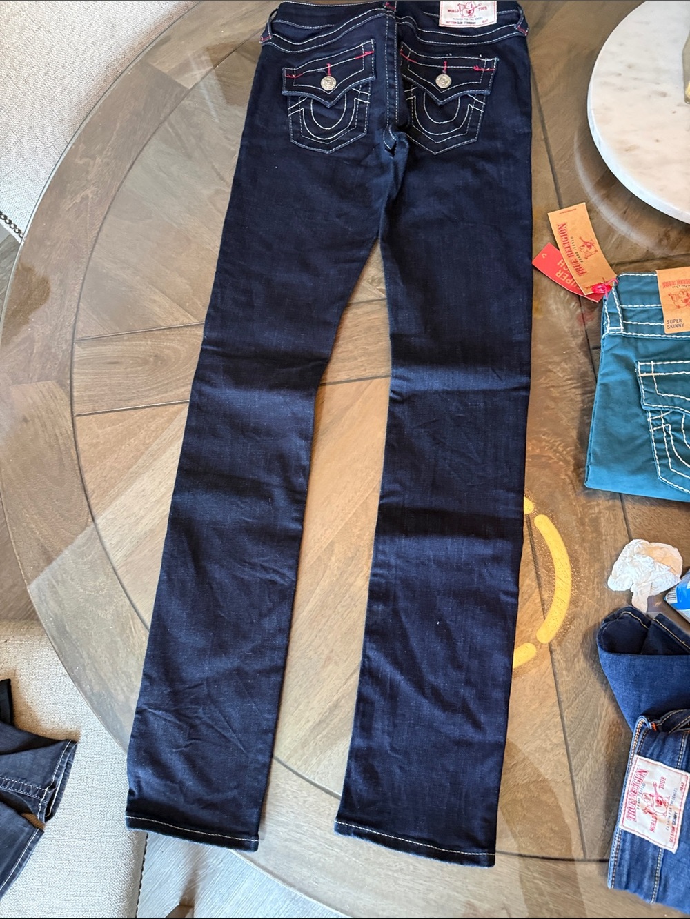 True Religion Women's Dark Indigo Skinny Jeans with Contrast Stitching